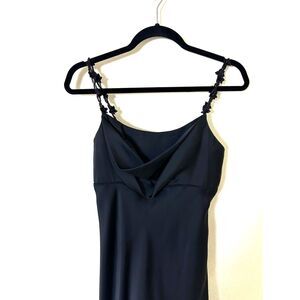 Onyx Nite 90s Vintage long‎ black cowl neck fairy dress beaded flower Whimsigoth